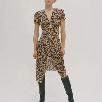 100% Коприна женски винтажное рокля с флорални принтом, къс ръкав, V-образно деколте, копчета отпред, сексуална ежедневна рокля-молив
