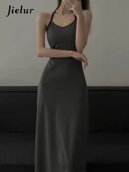 Jielur Сиво секси рокля без презрамки с отворен гръб, Лятно Ново Дебнещ елегантна женствена рокля Макси, дамска мода, луксозна градинска облекло
