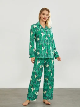 Дамска раирана коприна сатен пижами, риза с дълъг ръкав и копчета, Свободни Дълги панталони, Пижамный комплект от две части