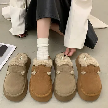 Дамски обувки Дамски чехли Med Зимни обувки от флока на платформата С пръсти 2023 Масажни плоски пързалки Къси плюшени каучук