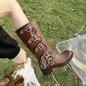 Дамски обувки на Масивна Токчета в стил ретро пънк, Есен-зима 2023, Удобни за Ходене обувки С катарама, Байкерские обувки На Неподвижни Дебела Подметка