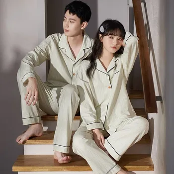 Двойката пижам Дамски Панталони с дълги ръкави Пижамный костюм Младежта Пролет-есен в памучна нощница Мъжки Ежедневни комплект пижама за почивка