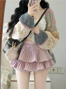 Зимна Корейски сладък комплект от 3 теми, женски Топъл елегантен Ретро юбочный костюм, Цветни вязаный пуловер + Бяла жилетка + Розова мини-пола 2024