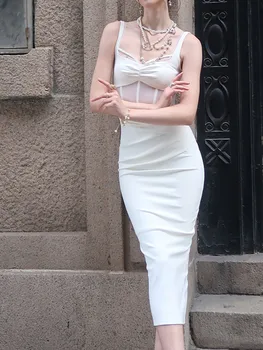 Секси Бяла рокля за Midi в стил мозайка на тънки спагети презрамки, Тънка талия, Елегантни Модни дрехи, Нова Лятна Дамски дрехи