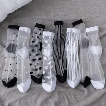Секси дантелени дамски чорапи, Летни Тънки Къси чорапи като рибарска мрежа от прозрачна мрежа Harajuku, ежедневни дишащи черно-бели чорапи за екипажа