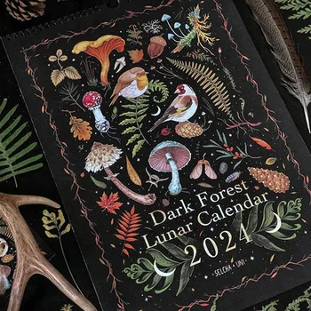 Лунен Календар Dark Forest 2024 Оригинален Илюстрирана Стенен Висулка за Офиса, Дома на Изкуството Лунен Календар Креативен Подарък Декор на стая