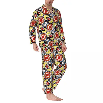 Пижама с племенните принтом, Мъжки пижами с племенните принтом, Модни пижами за спални, Пролетта на Случайни пижамный комплект от 2 теми с принтом голям размер