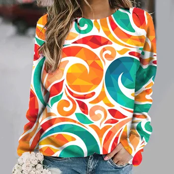 Пъстър Пуловер с кръгло деколте и цветни вложки, есенно-зимна Свободна тениска за жени, Дамски hoody, Качулки без качулка